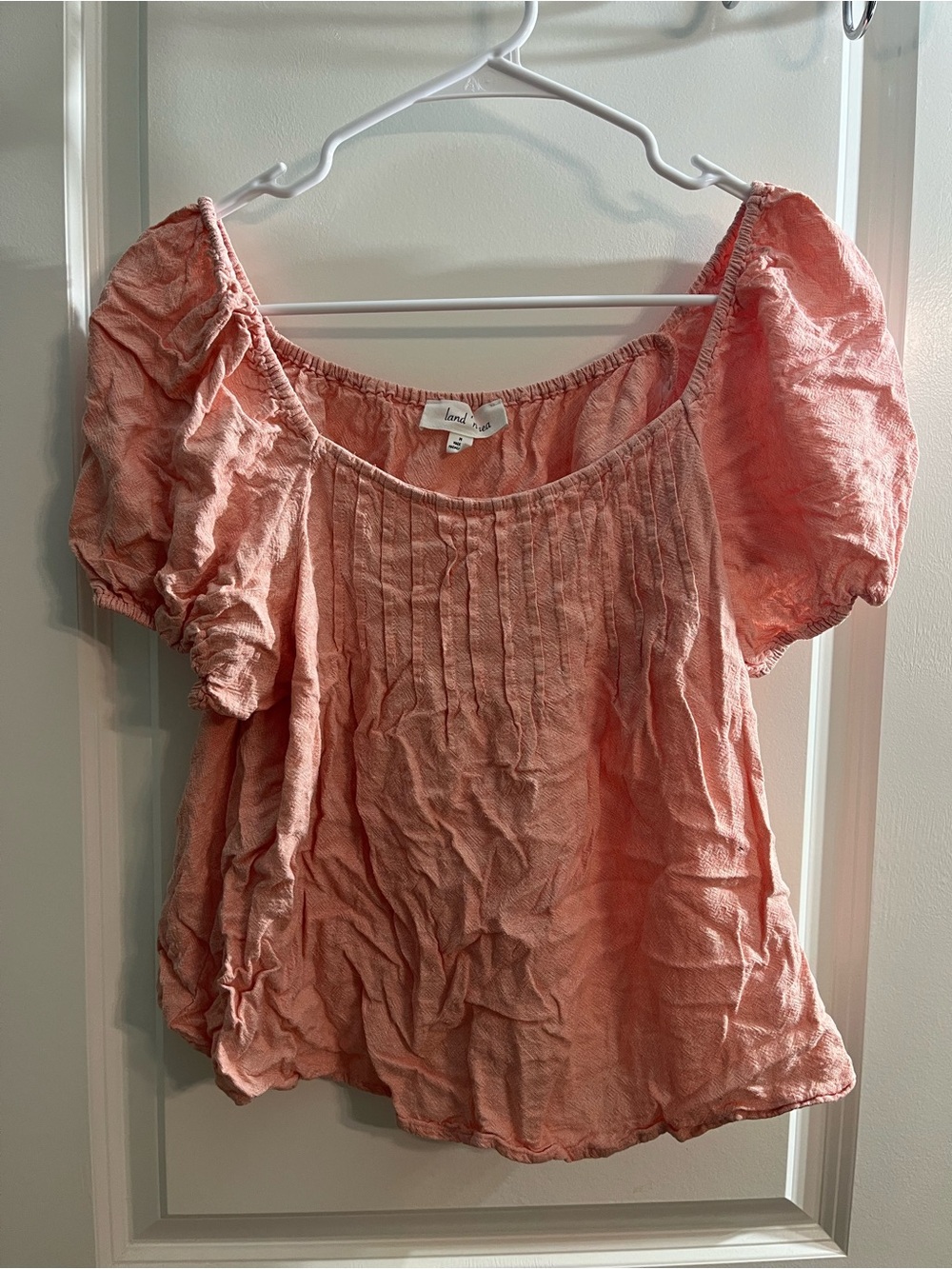 Light Peach Puff-Sleeve Pintuck Blouse